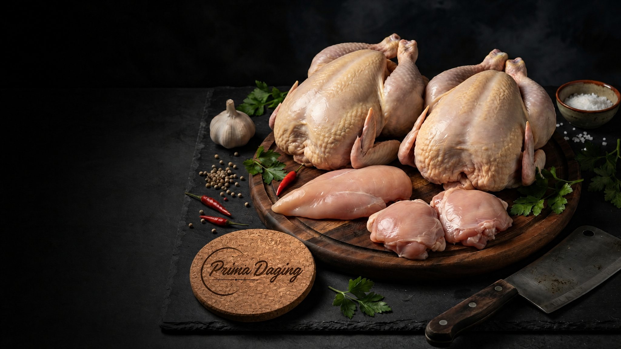 Ayam utuh dan fillet segar Prima Daging di atas talenan gelap